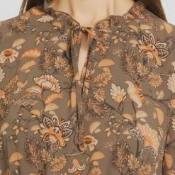 MANGUUN Collection Blusenkleid, Langarm, V-Ausschnitt, Rüschen, Für Damen MARBLE PRINT BEIGE -ONLY Geschäft unnamed file 1076