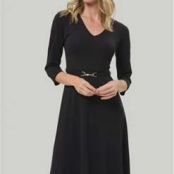 Zero Kleid, V-Ausschnitt, 3/4-Arm, Gürtel, Für Damen 9105 BLACK BEAUTY -ONLY Geschäft unnamed file 339
