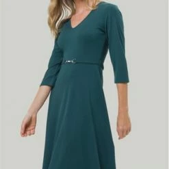 Zero Kleid, V-Ausschnitt, 3/4-Arm, Gürtel, Für Damen 5025 DARK SEA -ONLY Geschäft unnamed file 347