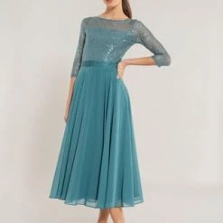 SWING Abendkleid, Midi-Länge, 3/4-Ärmel, Für Damen 530 GRÜN -ONLY Geschäft unnamed file 83